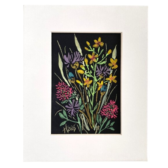 Flower Riot Original Iridescent Watercolor Painting 8x10in Matted Frame Ready - Picture 3 of 5